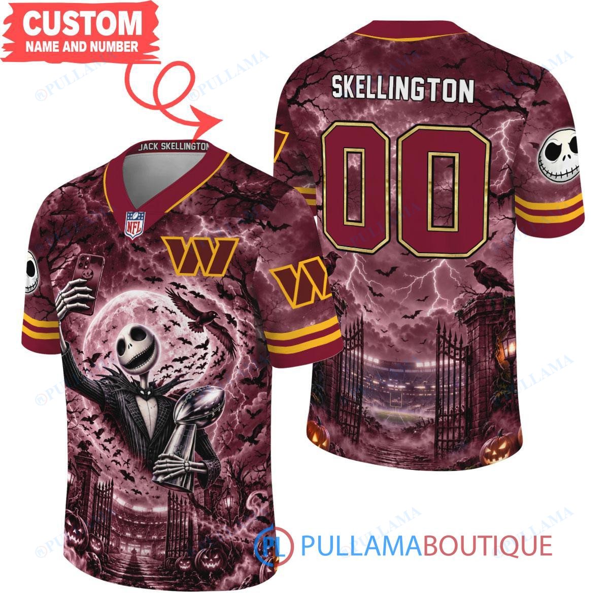 Washington Commanders Jack Skellington The Nightmare Before Christmas with Super Bowl Trophy Midnight Gate Custom Football Jersey