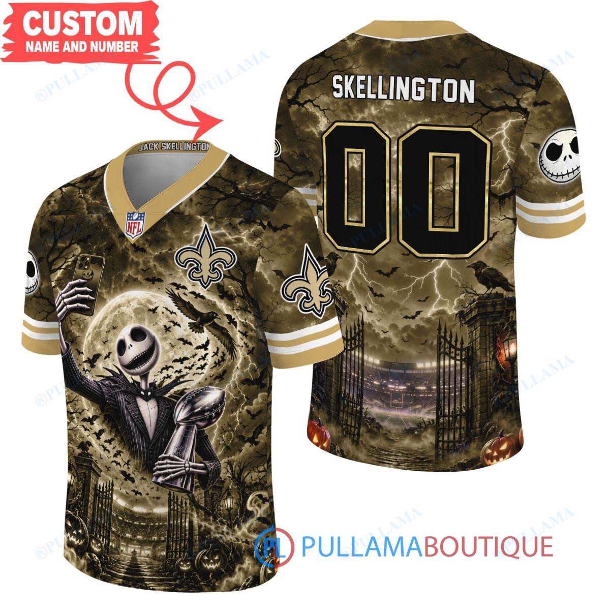 New Orleans Saints Jack Skellington The Nightmare Before Christmas with Super Bowl Trophy Midnight Gate Custom Football Jersey
