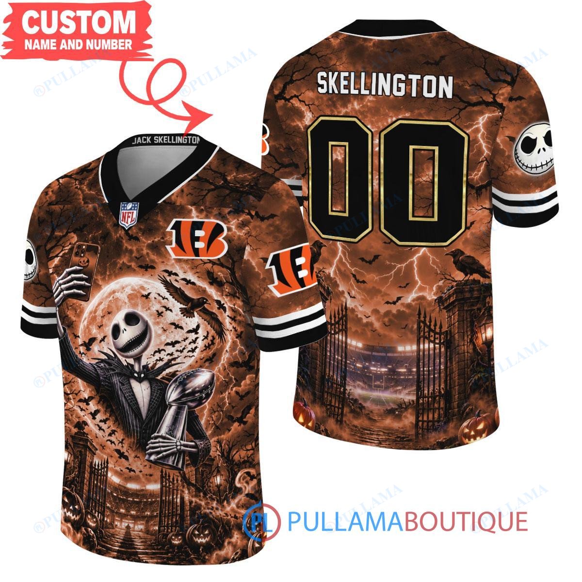 Cincinnati Bengals Jack Skellington The Nightmare Before Christmas with Super Bowl Trophy Midnight Gate Custom Football Jersey
