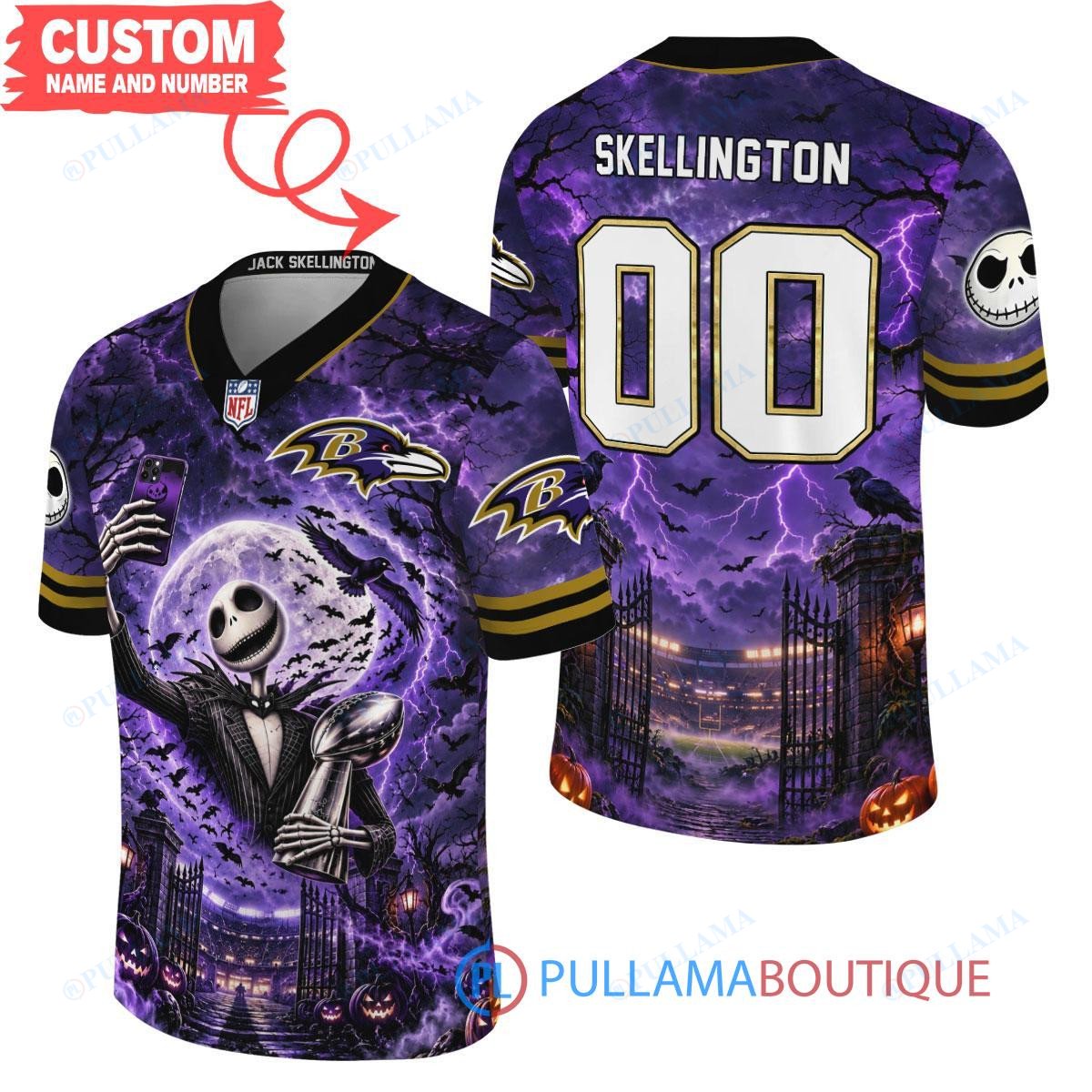 Baltimore Ravens Jack Skellington The Nightmare Before Christmas with Super Bowl Trophy Midnight Gate Custom Football Jersey