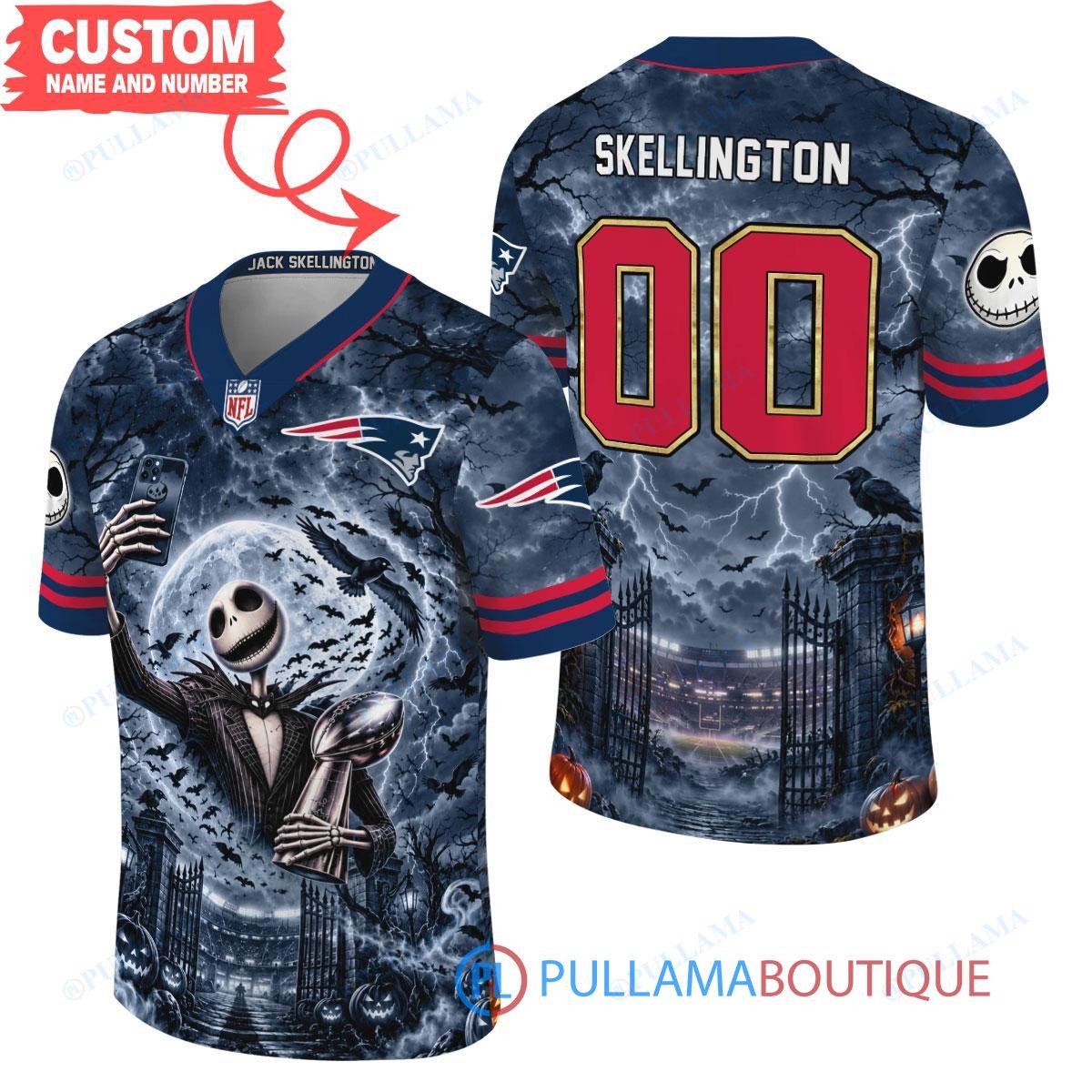 New England Patriots Jack Skellington The Nightmare Before Christmas with Super Bowl Trophy Midnight Gate Custom Football Jersey