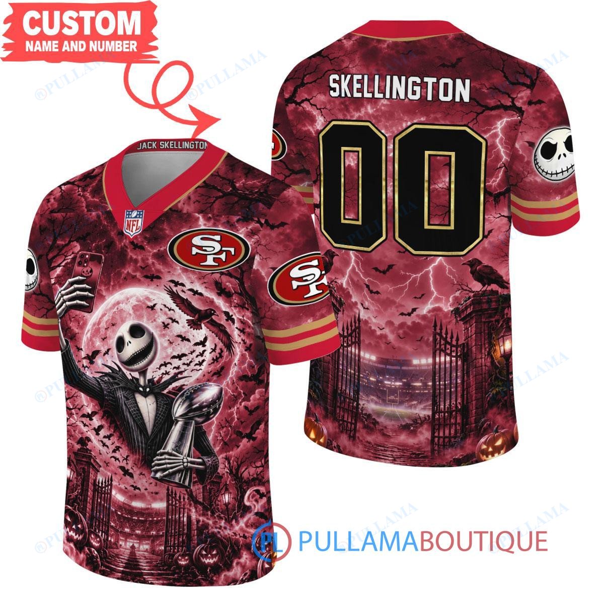 San Francisco 49ers Jack Skellington The Nightmare Before Christmas with Super Bowl Trophy Midnight Gate Custom Football Jersey