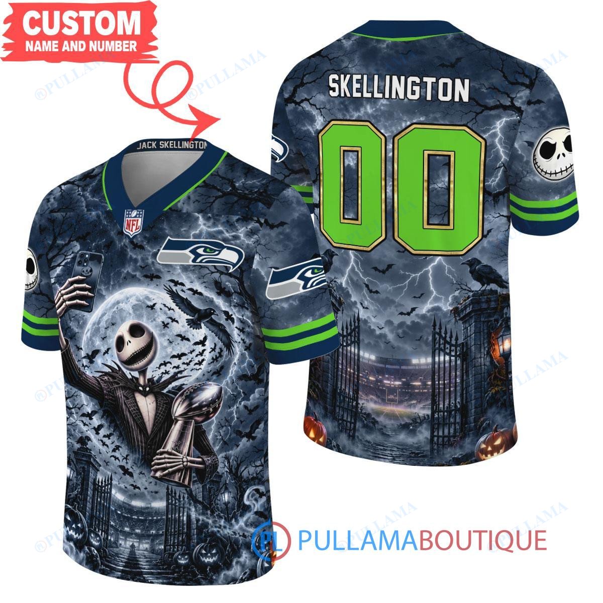 Seattle Seahawks Jack Skellington The Nightmare Before Christmas with Super Bowl Trophy Midnight Gate Custom Football Jersey