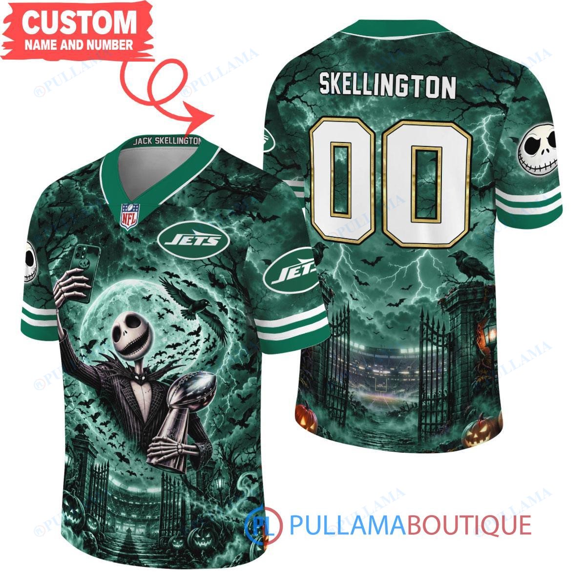 New York Jets Jack Skellington The Nightmare Before Christmas with Super Bowl Trophy Midnight Gate Custom Football Jersey