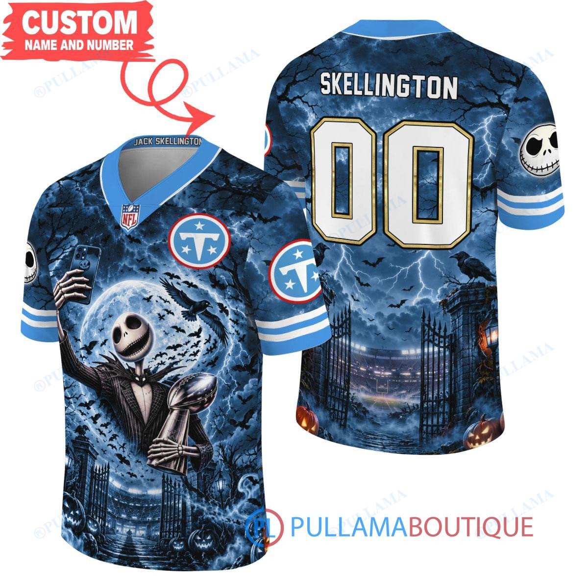 Tennessee Titans Jack Skellington The Nightmare Before Christmas with Super Bowl Trophy Midnight Gate Custom Football Jersey