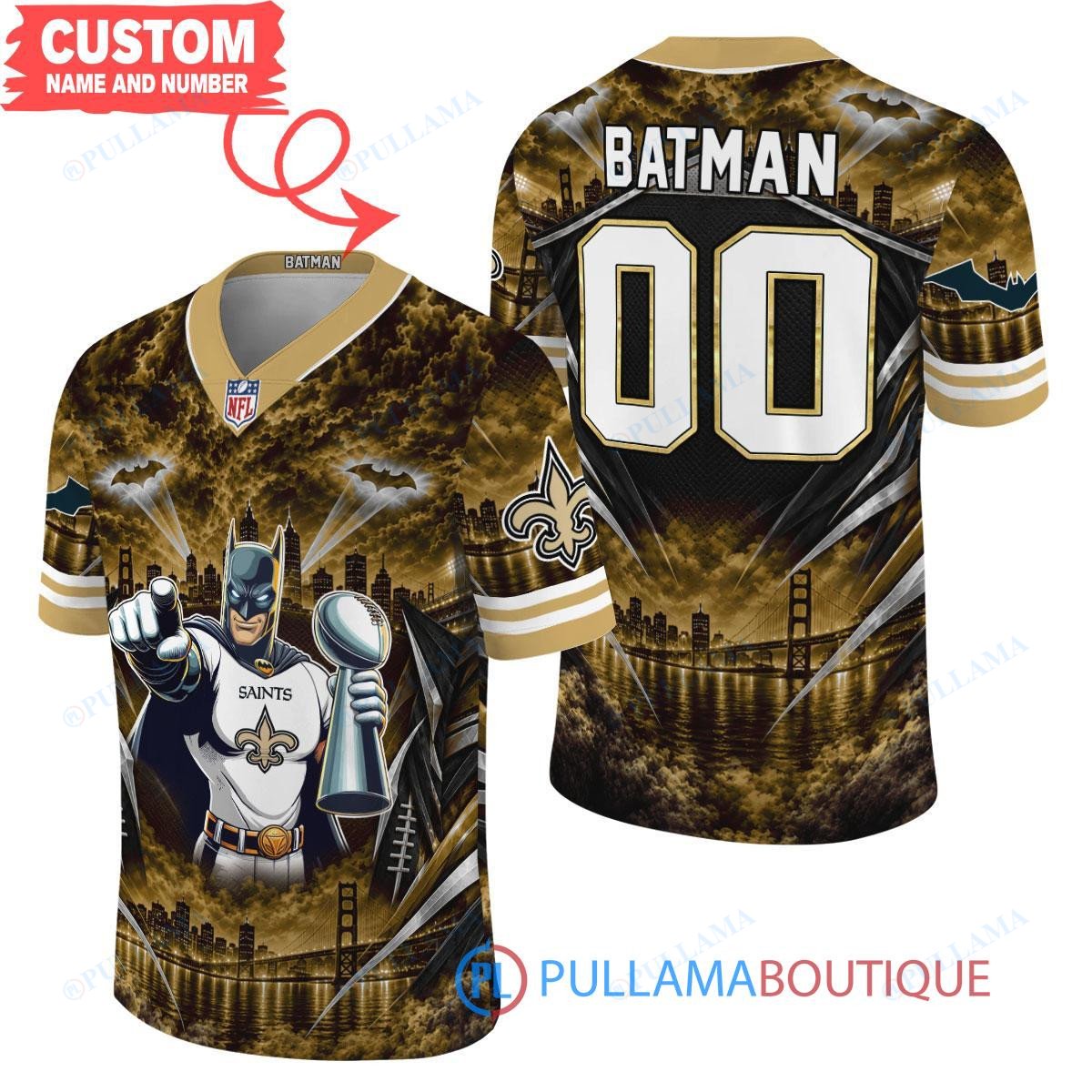 New Orleans Saints Batman with Super Bowl Trophy Gridiron Heroes Custom Football Jersey