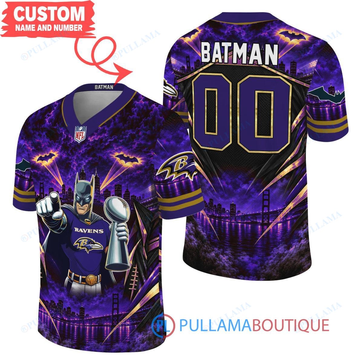 Baltimore Ravens Batman with Super Bowl Trophy Gridiron Heroes Custom Football Jersey