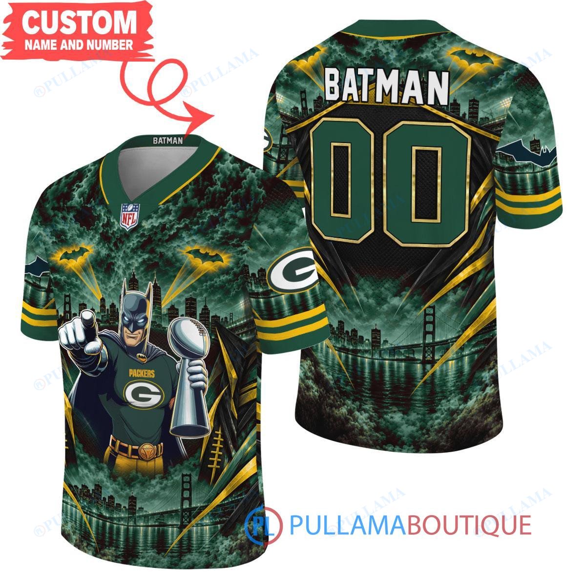 Green Bay Packers Batman with Super Bowl Trophy Gridiron Heroes Custom Football Jersey