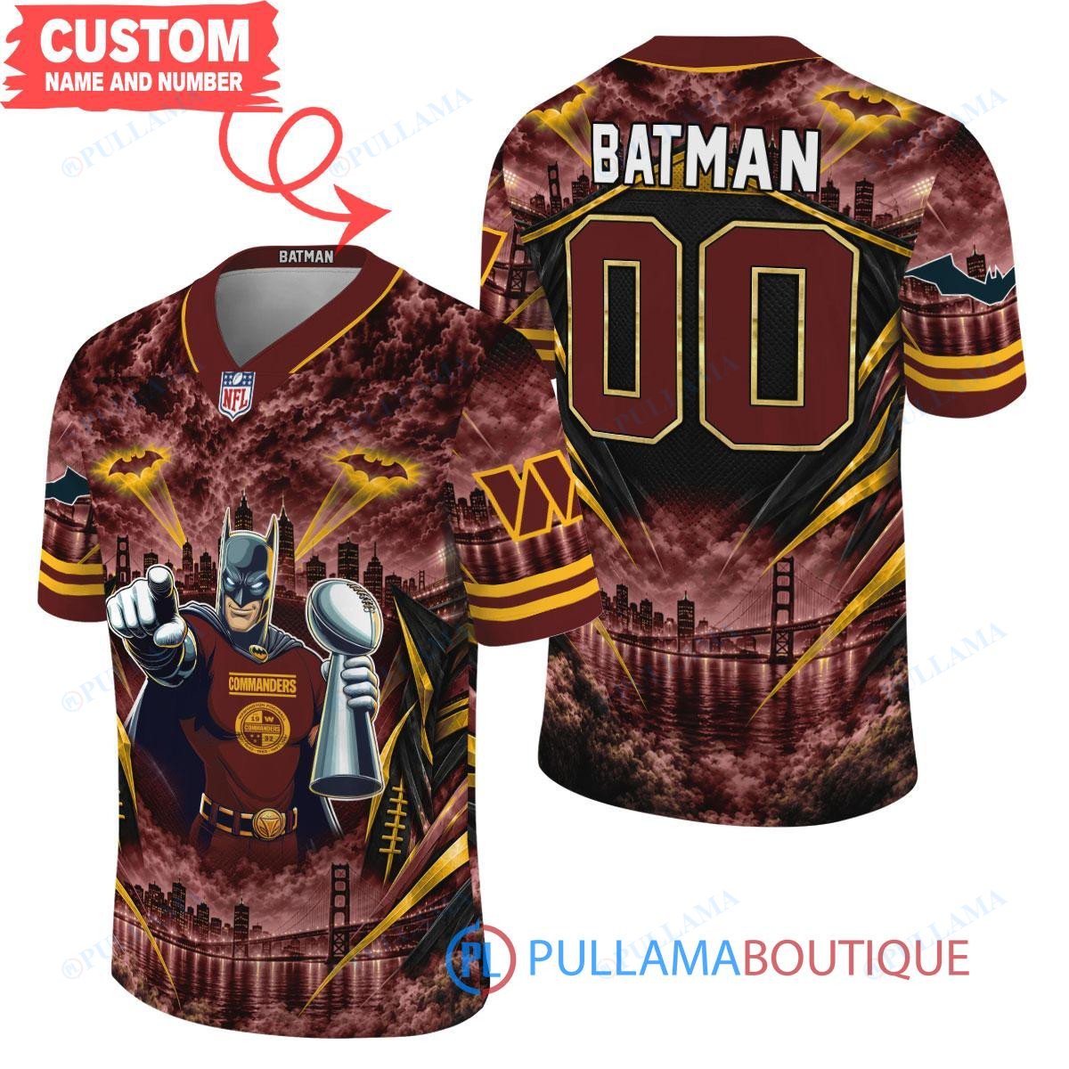 Washington Commanders Batman with Super Bowl Trophy Gridiron Heroes Custom Football Jersey