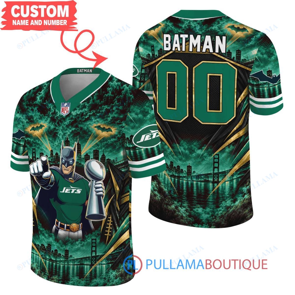 New York Jets Batman with Super Bowl Trophy Gridiron Heroes Custom Football Jersey