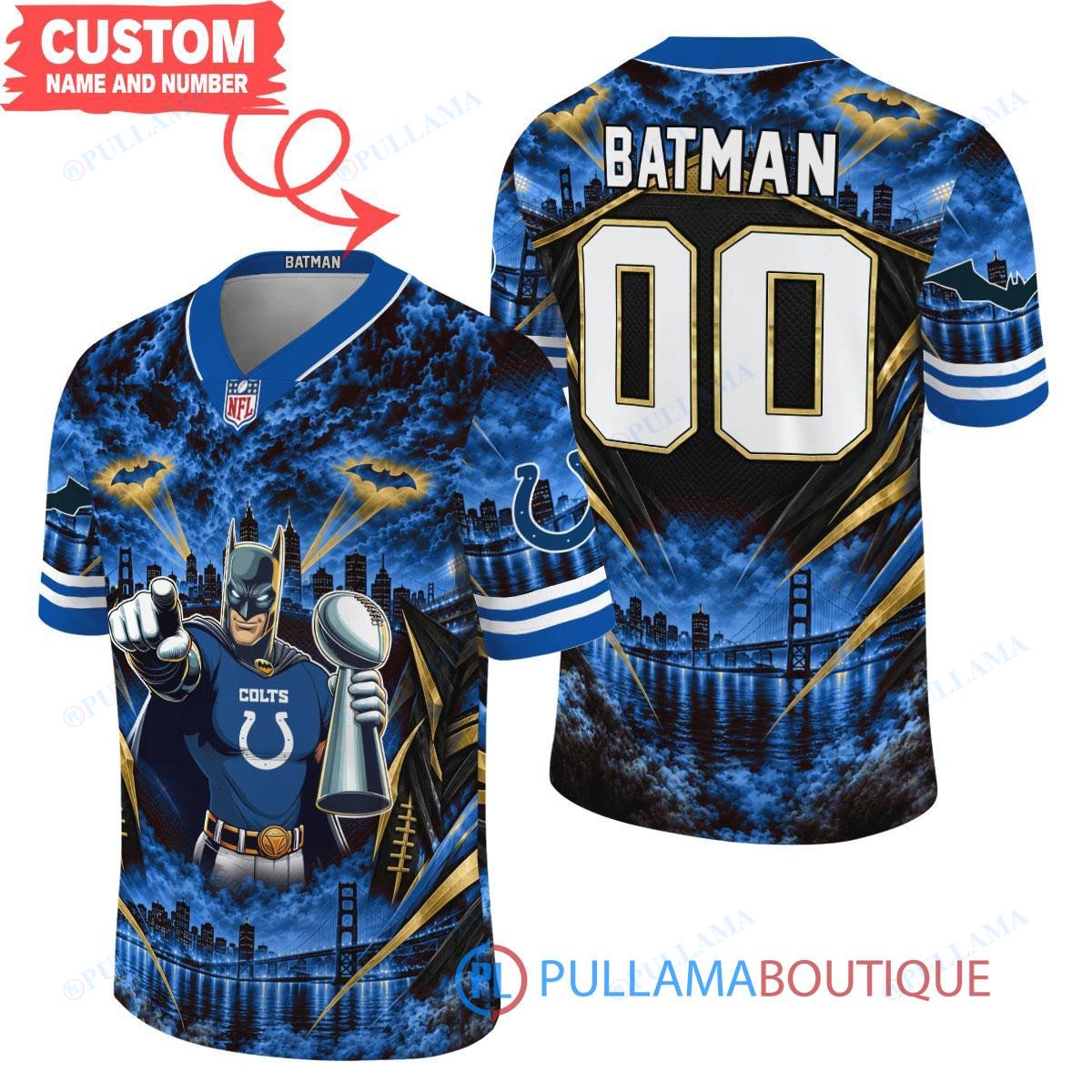 Indianapolis Colts Batman with Super Bowl Trophy Gridiron Heroes Custom Football Jersey