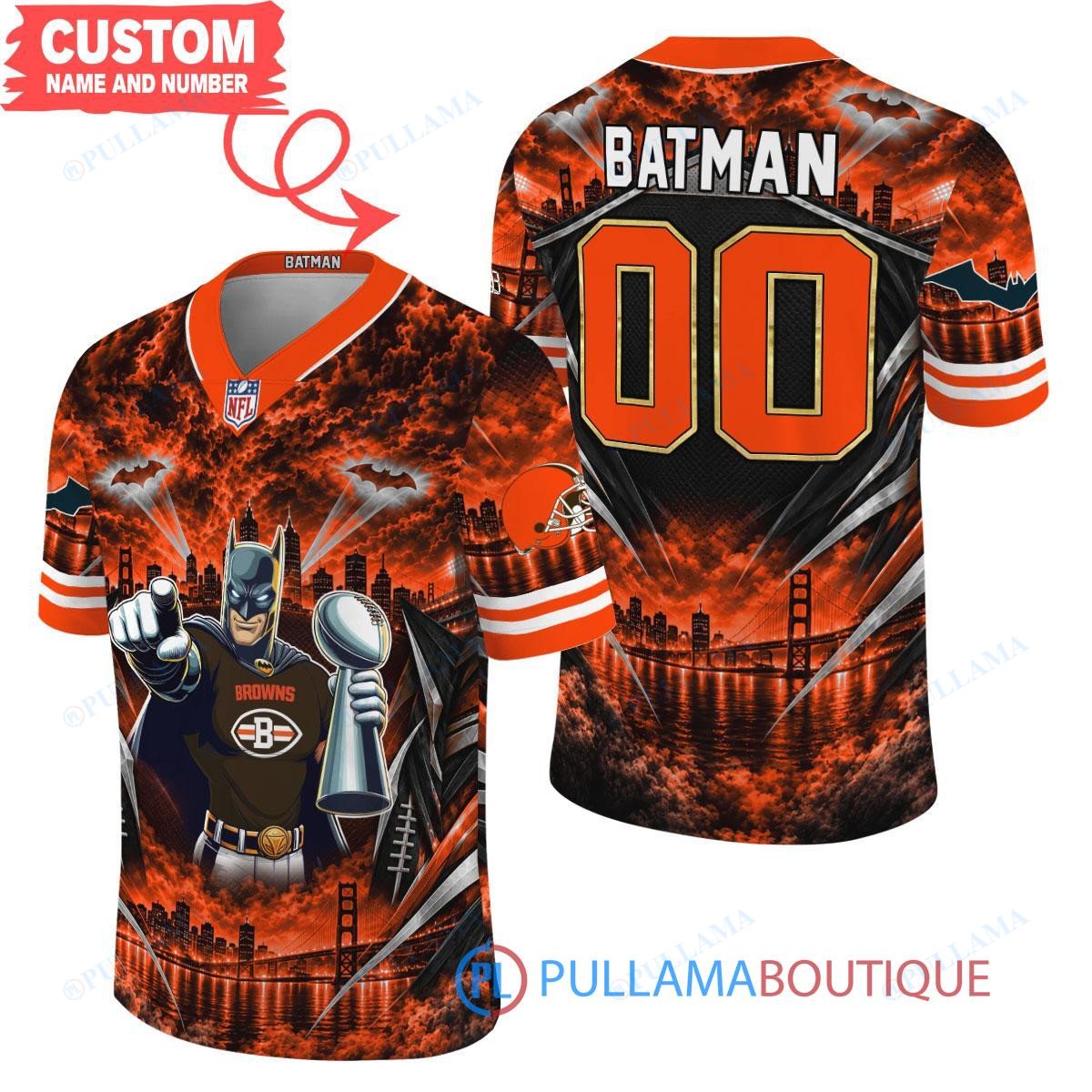 Cleveland Browns Batman with Super Bowl Trophy Gridiron Heroes Custom Football Jersey