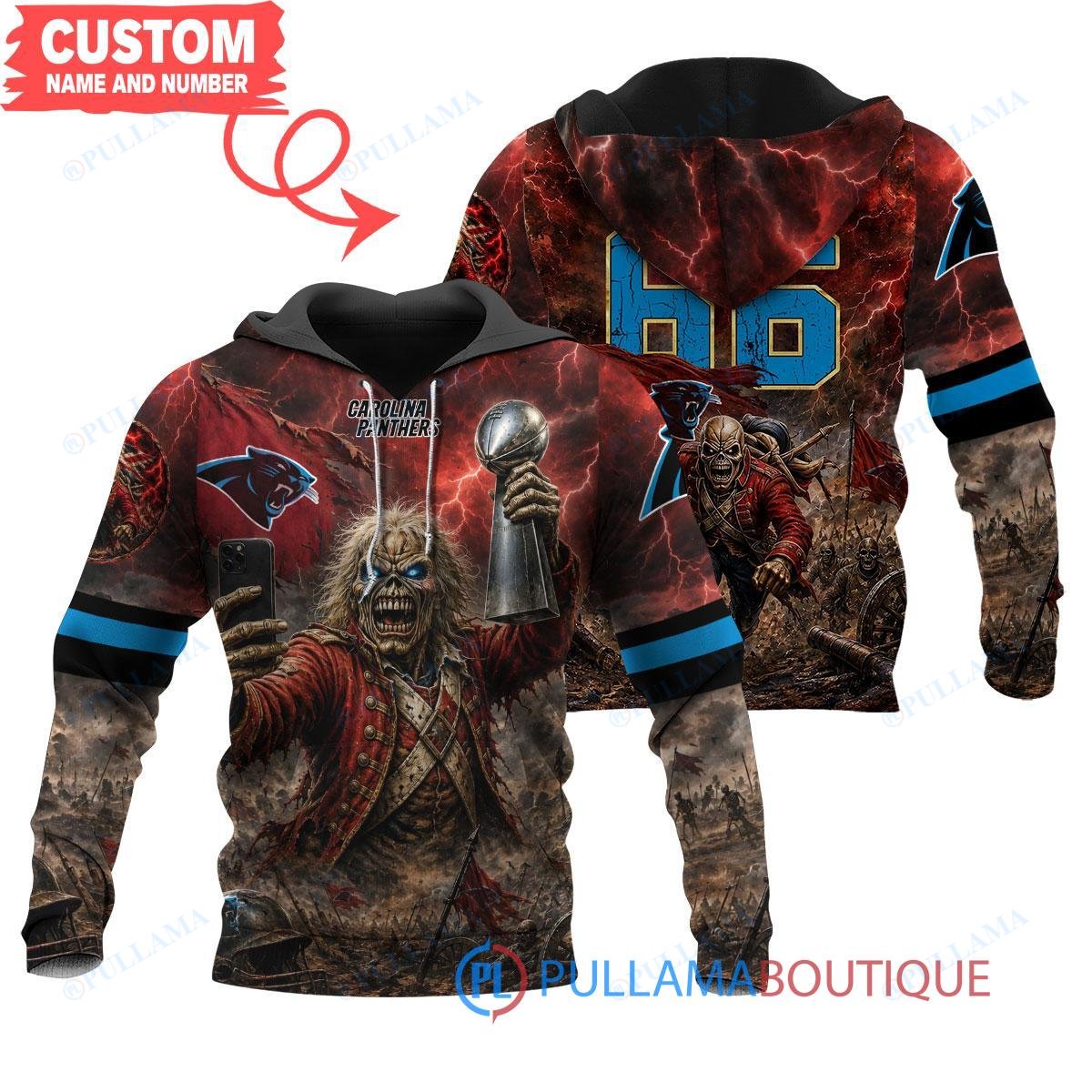 Carolina Panthers Iron Maiden Eddie The Trooper Champion with Super Bowl Trophy Custom Hoodie