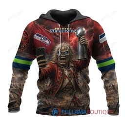 Seattle Seahawks Iron Maiden Eddie The Trooper Champion with Super Bowl Trophy Custom Hoodie