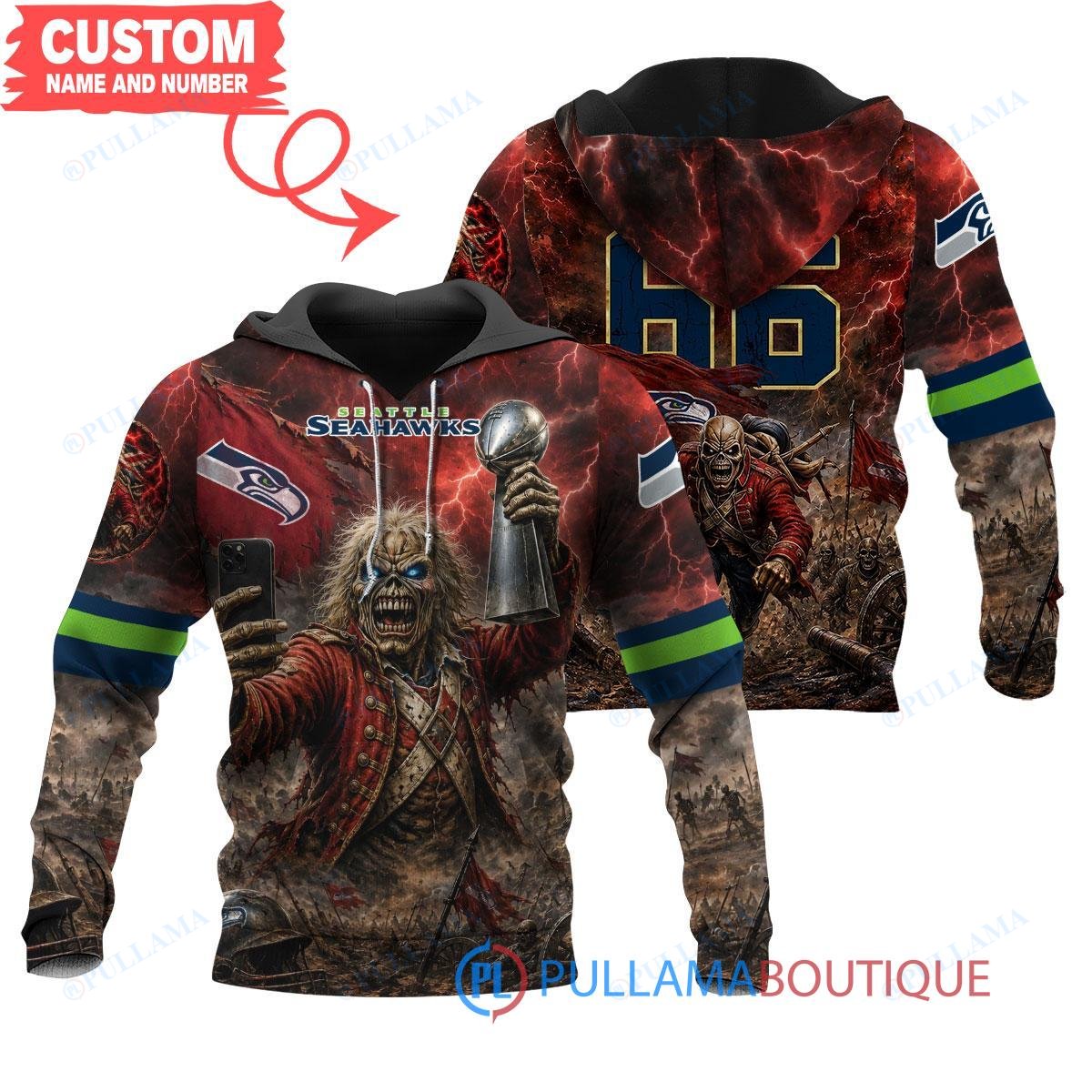 Seattle Seahawks Iron Maiden Eddie The Trooper Champion with Super Bowl Trophy Custom Hoodie