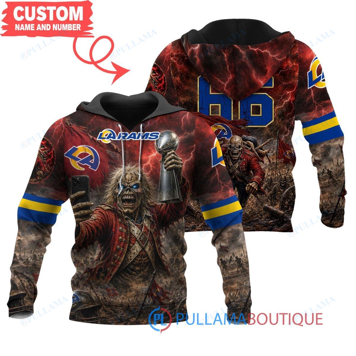 Los Angeles Rams Iron Maiden Eddie The Trooper Champion with Super Bowl Trophy Custom Hoodie