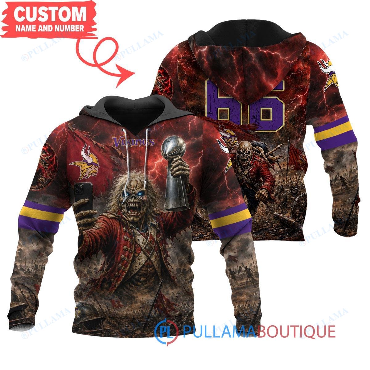 Minnesota Vikings Iron Maiden Eddie The Trooper Champion with Super Bowl Trophy Custom Hoodie