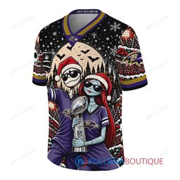 Baltimore Ravens Jack Skellington and Sally with Super Bowl Trophy Crimson Christmas Bowl Custom Football Jersey