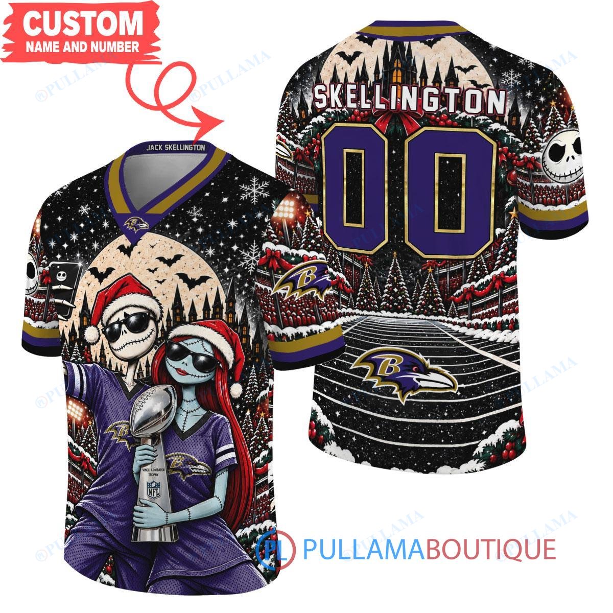 Baltimore Ravens Jack Skellington and Sally with Super Bowl Trophy Crimson Christmas Bowl Custom Football Jersey