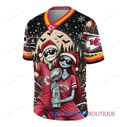 Kansas City Chiefs Jack Skellington and Sally with Super Bowl Trophy Crimson Christmas Bowl Custom Football Jersey