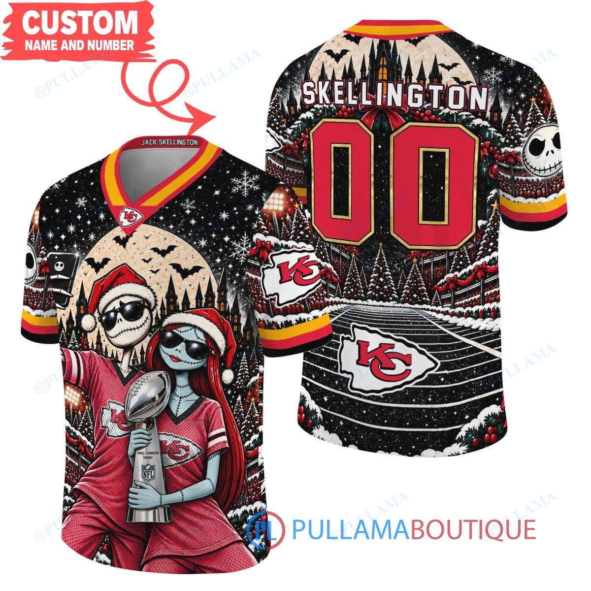 Kansas City Chiefs Jack Skellington and Sally with Super Bowl Trophy Crimson Christmas Bowl Custom Football Jersey