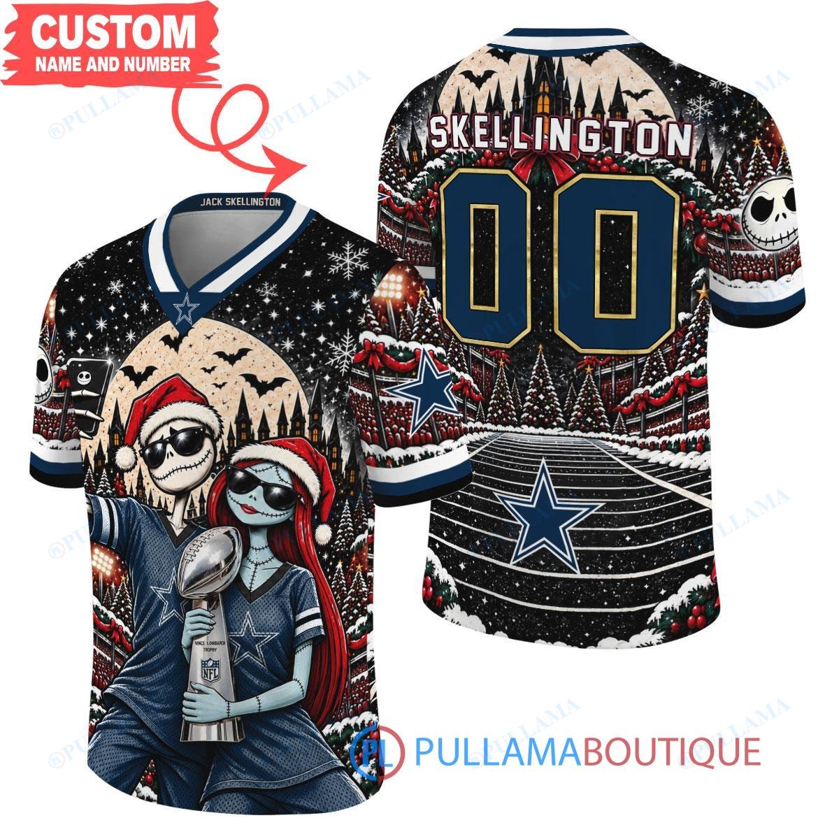 Dallas Cowboys Jack Skellington and Sally with Super Bowl Trophy Crimson Christmas Bowl Custom Football Jersey
