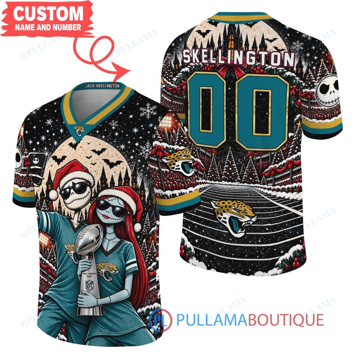 Jacksonville Jaguars Jack Skellington and Sally with Super Bowl Trophy Crimson Christmas Bowl Custom Football Jersey