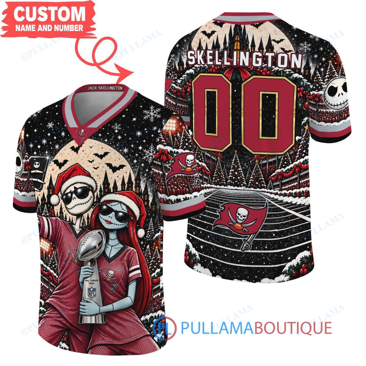 Tampa Bay Buccaneers Jack Skellington and Sally with Super Bowl Trophy Crimson Christmas Bowl Custom Football Jersey
