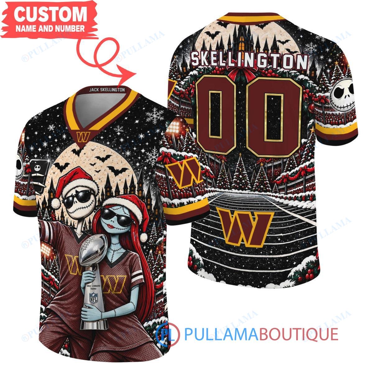 Washington Commanders Jack Skellington and Sally with Super Bowl Trophy Crimson Christmas Bowl Custom Football Jersey