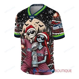 Seattle Seahawks Jack Skellington and Sally with Super Bowl Trophy Crimson Christmas Bowl Custom Football Jersey