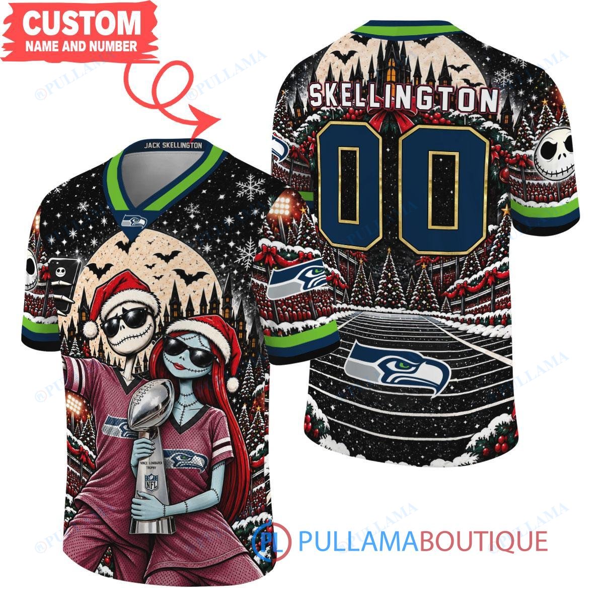 Seattle Seahawks Jack Skellington and Sally with Super Bowl Trophy Crimson Christmas Bowl Custom Football Jersey