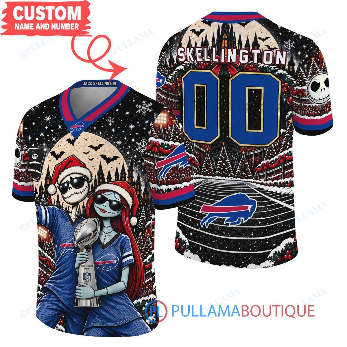 Buffalo Bills Jack Skellington and Sally with Super Bowl Trophy Crimson Christmas Bowl Custom Football Jersey