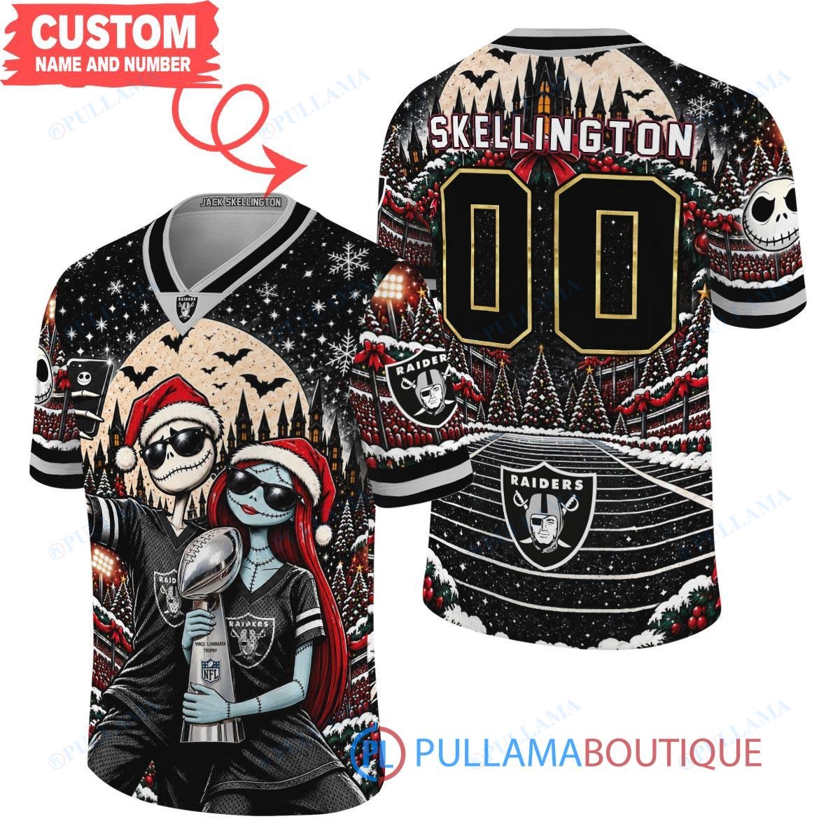 Las Vegas Raiders Jack Skellington and Sally with Super Bowl Trophy Crimson Christmas Bowl Custom Football Jersey
