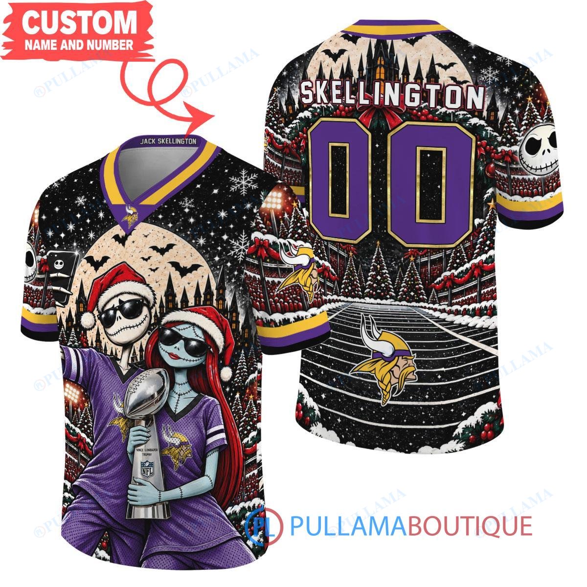 Minnesota Vikings Jack Skellington and Sally with Super Bowl Trophy Crimson Christmas Bowl Custom Football Jersey