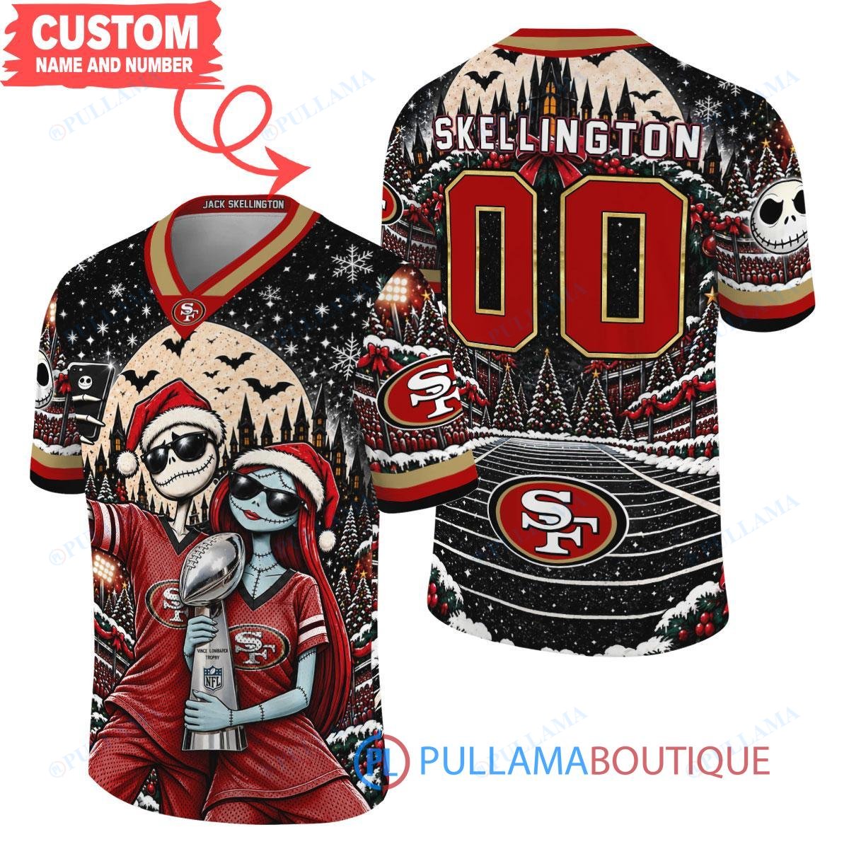 San Francisco 49ers Jack Skellington and Sally with Super Bowl Trophy Crimson Christmas Bowl Custom Football Jersey