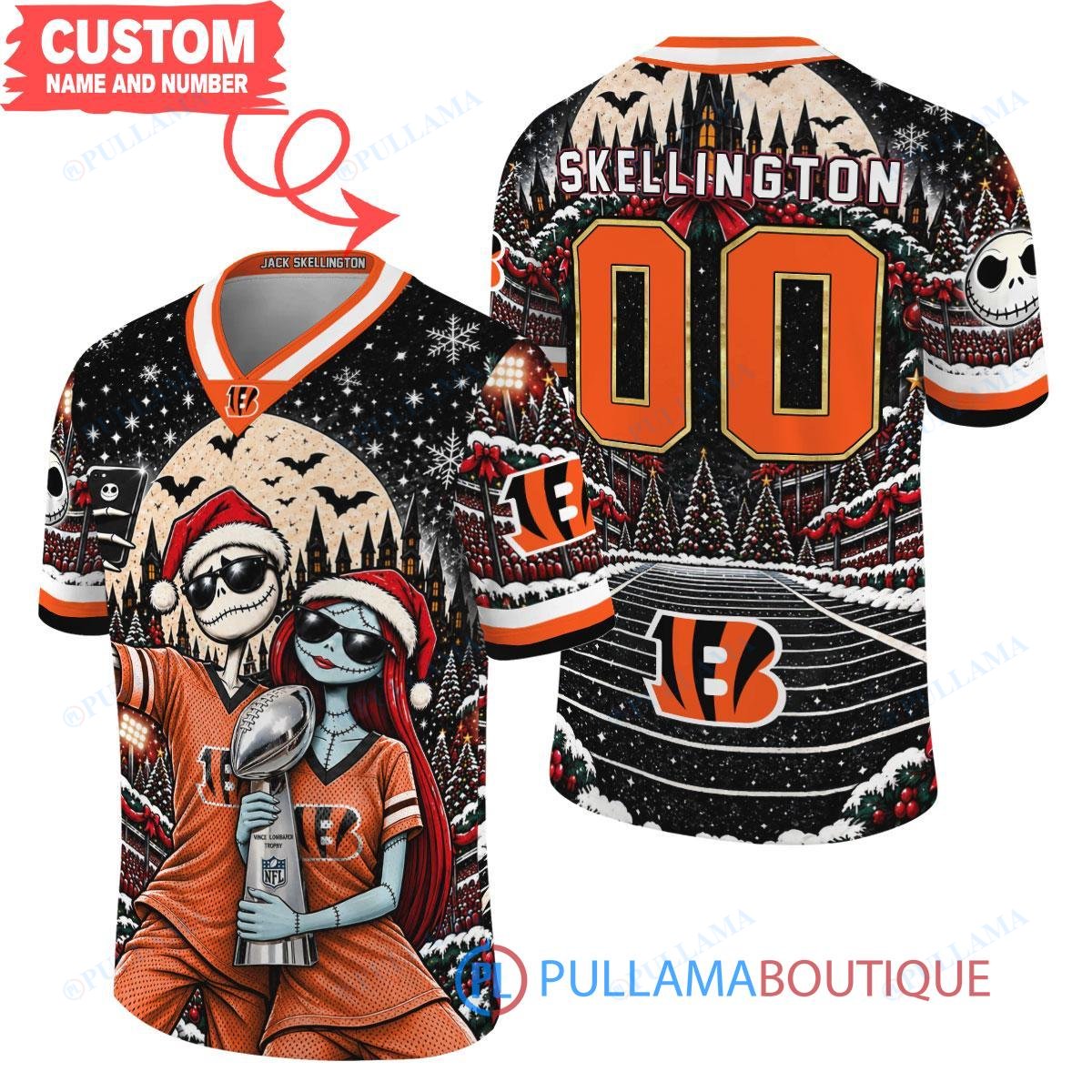 Cincinnati Bengals Jack Skellington and Sally with Super Bowl Trophy Crimson Christmas Bowl Custom Football Jersey