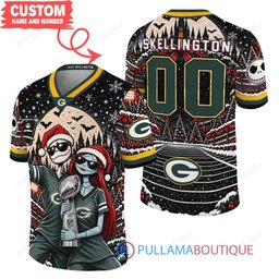 Green Bay Packers Jack Skellington and Sally with Super Bowl Trophy Crimson Christmas Bowl Custom Football Jersey