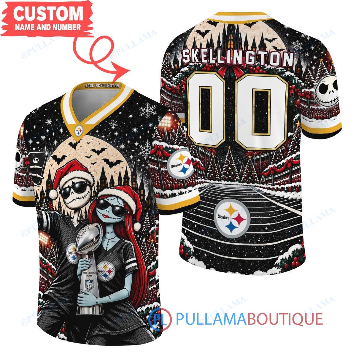 Pittsburgh Steelers Jack Skellington and Sally with Super Bowl Trophy Crimson Christmas Bowl Custom Football Jersey