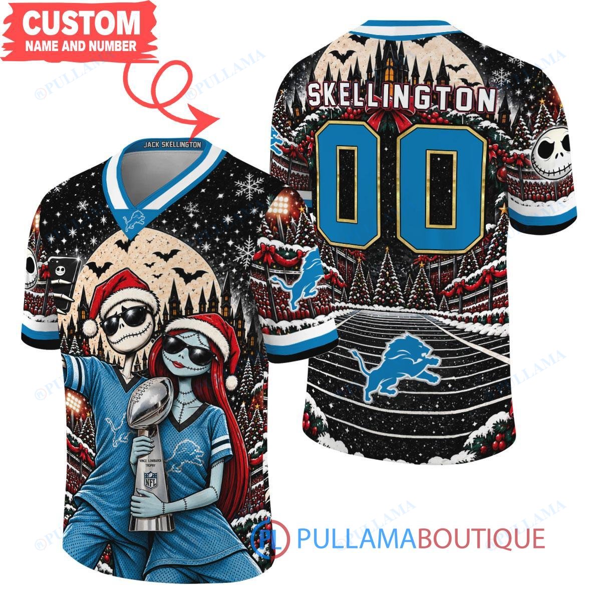 Detroit Lions Jack Skellington and Sally with Super Bowl Trophy Crimson Christmas Bowl Custom Football Jersey