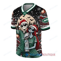 New York Jets Jack Skellington and Sally with Super Bowl Trophy Crimson Christmas Bowl Custom Football Jersey