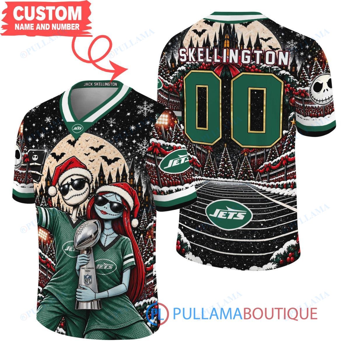 New York Jets Jack Skellington and Sally with Super Bowl Trophy Crimson Christmas Bowl Custom Football Jersey