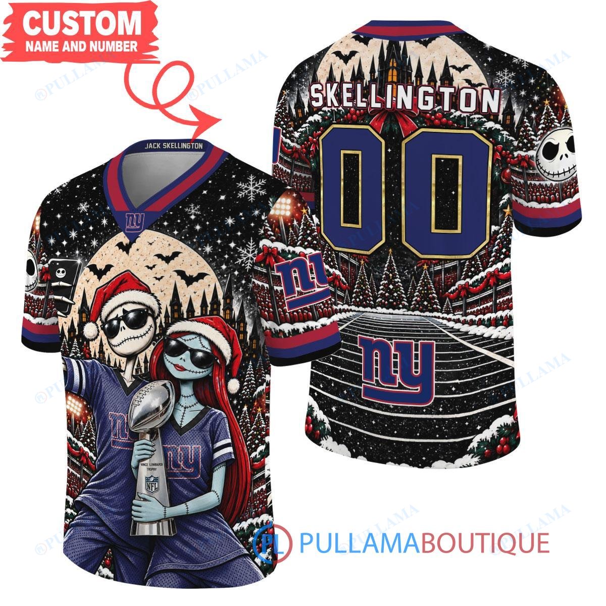 New York Giants Jack Skellington and Sally with Super Bowl Trophy Crimson Christmas Bowl Custom Football Jersey