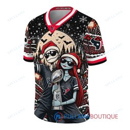 Houston Texans Jack Skellington and Sally with Super Bowl Trophy Crimson Christmas Bowl Custom Football Jersey