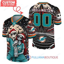 Miami Dolphins Jack Skellington and Sally with Super Bowl Trophy Crimson Christmas Bowl Custom Football Jersey