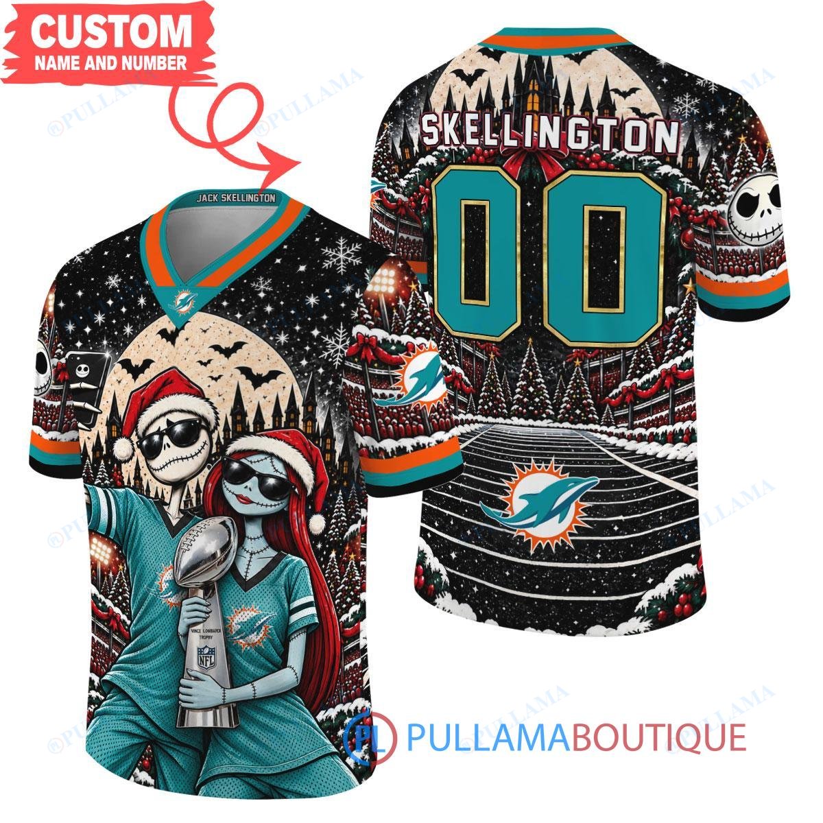 Miami Dolphins Jack Skellington and Sally with Super Bowl Trophy Crimson Christmas Bowl Custom Football Jersey