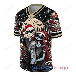 New Orleans Saints Jack Skellington and Sally with Super Bowl Trophy Crimson Christmas Bowl Custom Football Jersey