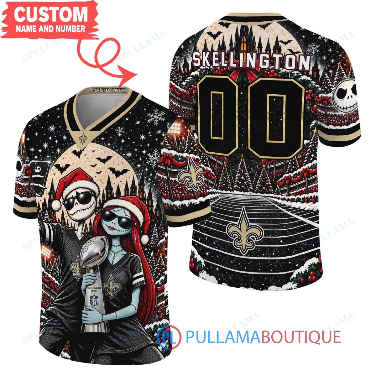New Orleans Saints Jack Skellington and Sally with Super Bowl Trophy Crimson Christmas Bowl Custom Football Jersey