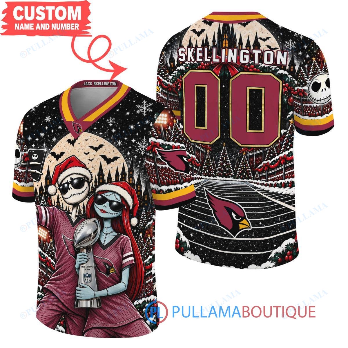 Arizona Cardinals Jack Skellington and Sally with Super Bowl Trophy Crimson Christmas Bowl Custom Football Jersey