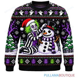 Beetlejuice Snowman and Haunted Snow Globe ugly christmas sweater