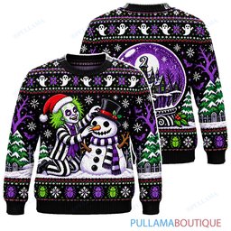 Beetlejuice Snowman and Haunted Snow Globe ugly christmas sweater
